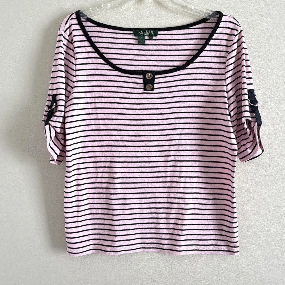 Ralph Lauren Women's size Large Petit Pink Black Stripes Cotton Top